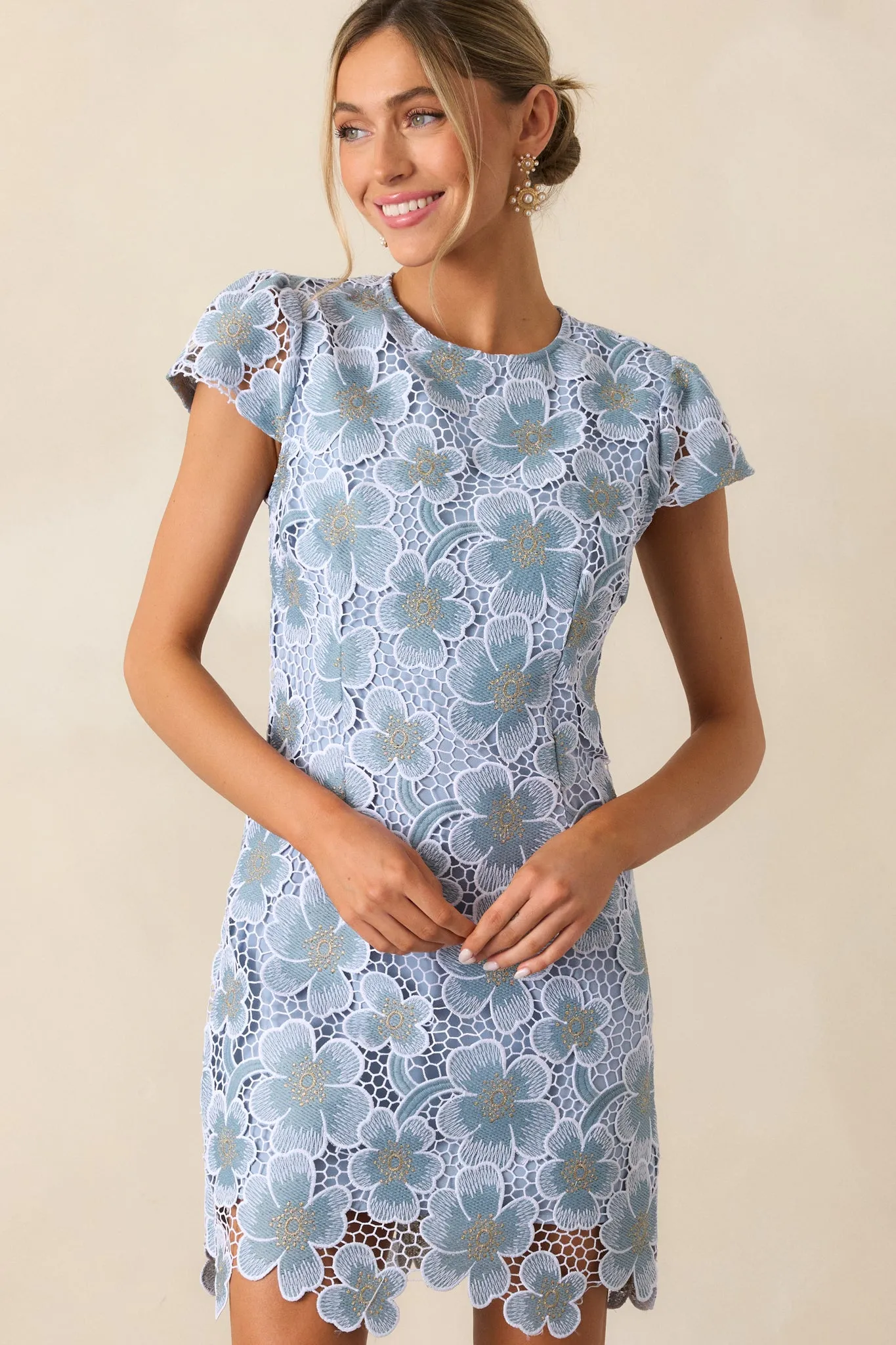 Little Moments Sky Blue Floral Embroidered Mini Dress