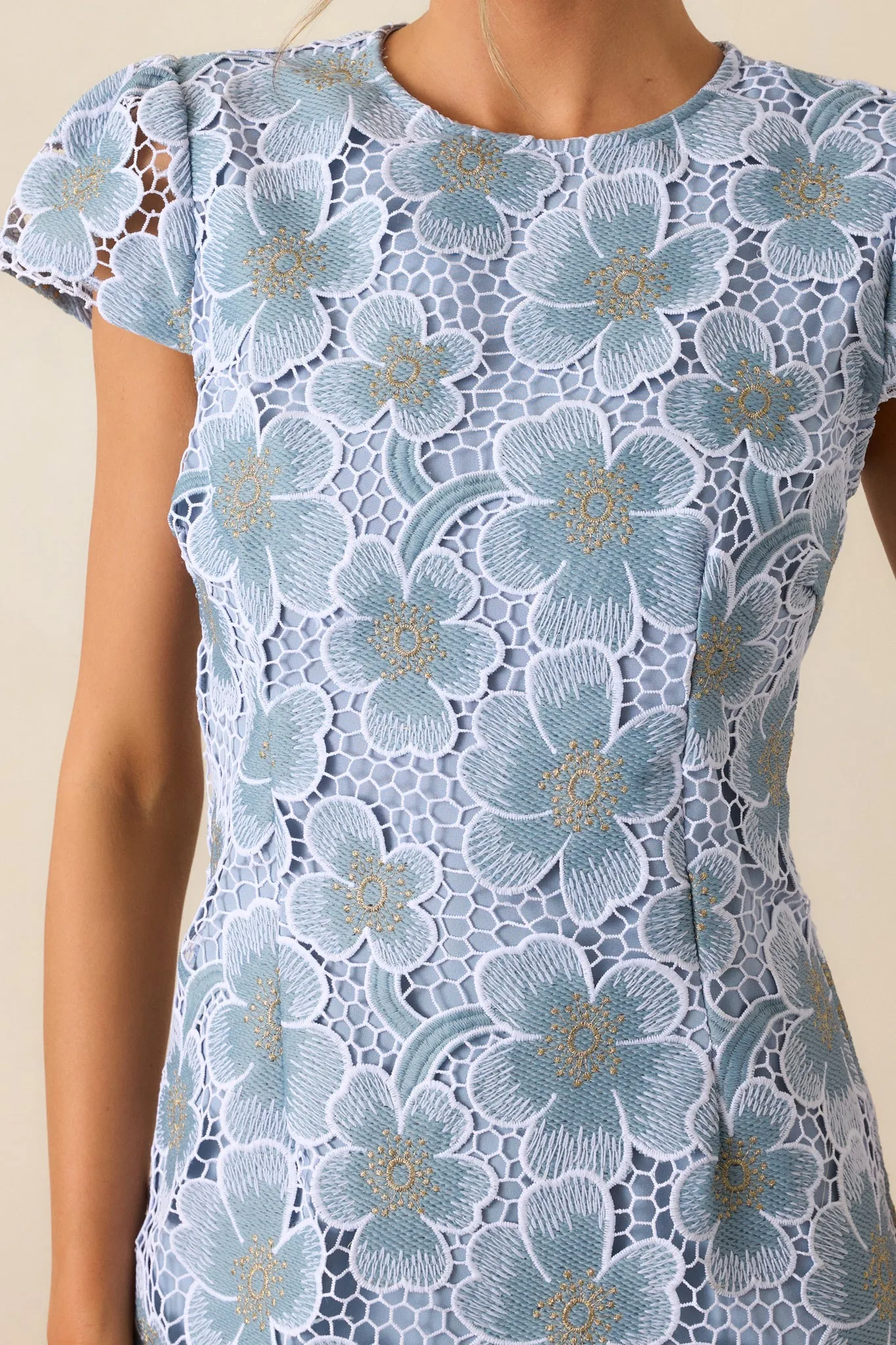 Little Moments Sky Blue Floral Embroidered Mini Dress