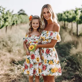 Mom and Daughter Matching Off the Shoulder Flower Print Dress