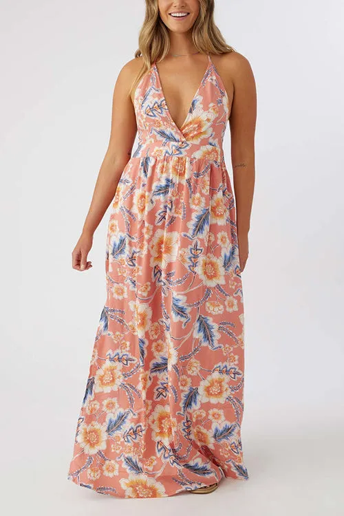 Multi Floral Print Halter Maxi Dress