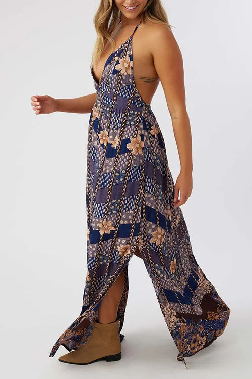 Multi Floral Print Halter Maxi Dress