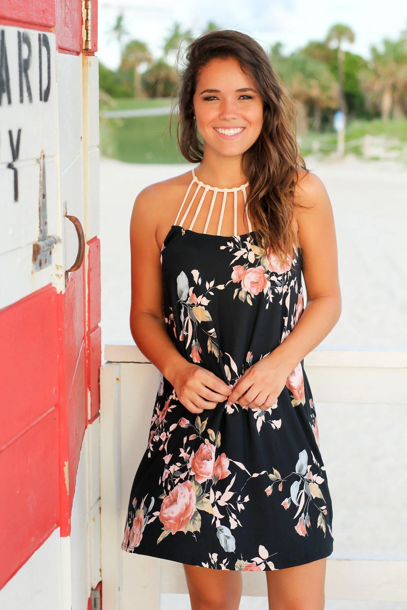 Navy Floral Short Dress with Strappy Neck