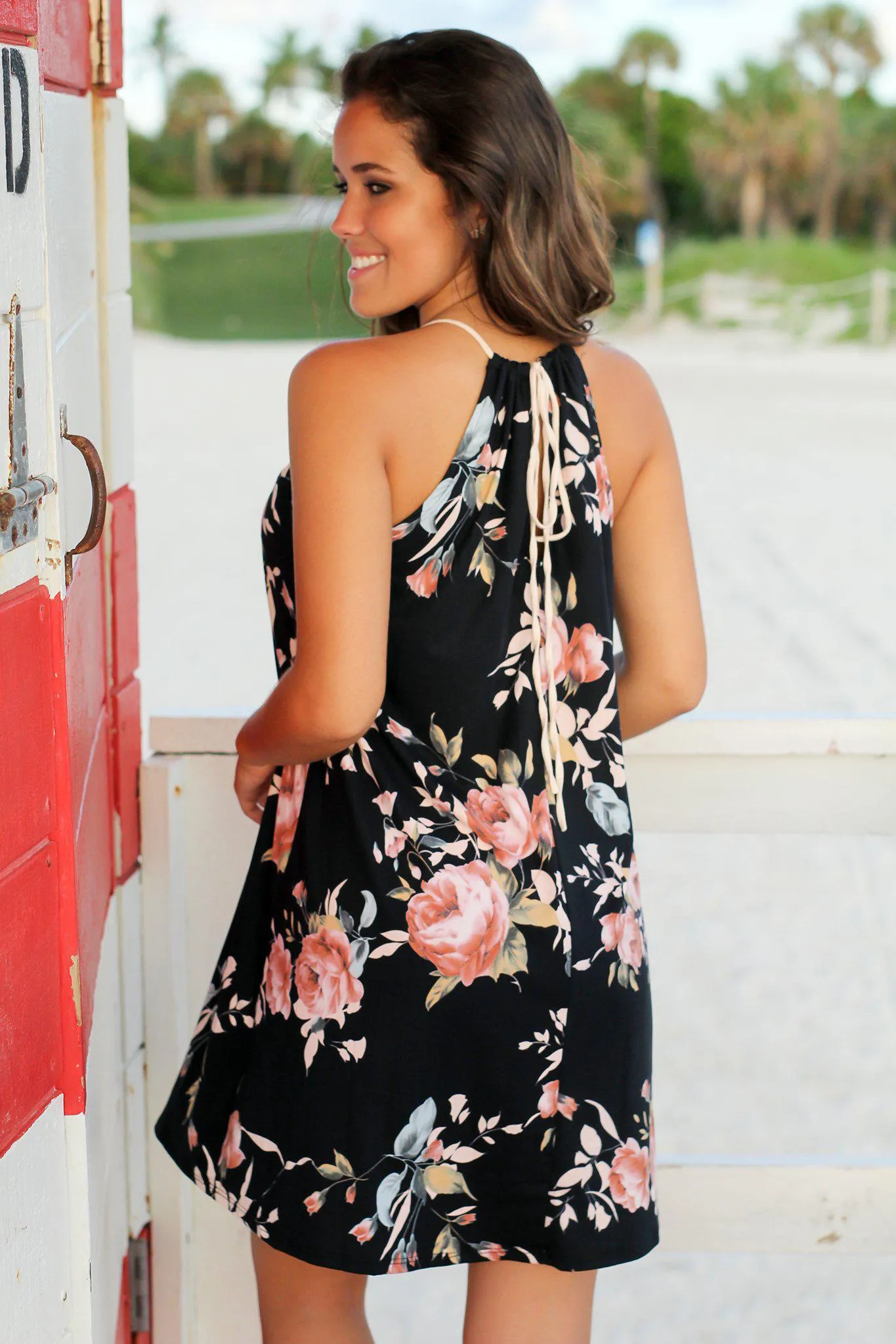 Navy Floral Short Dress with Strappy Neck