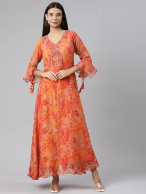 Neeru's Orange Straight Casual Floral Dresses