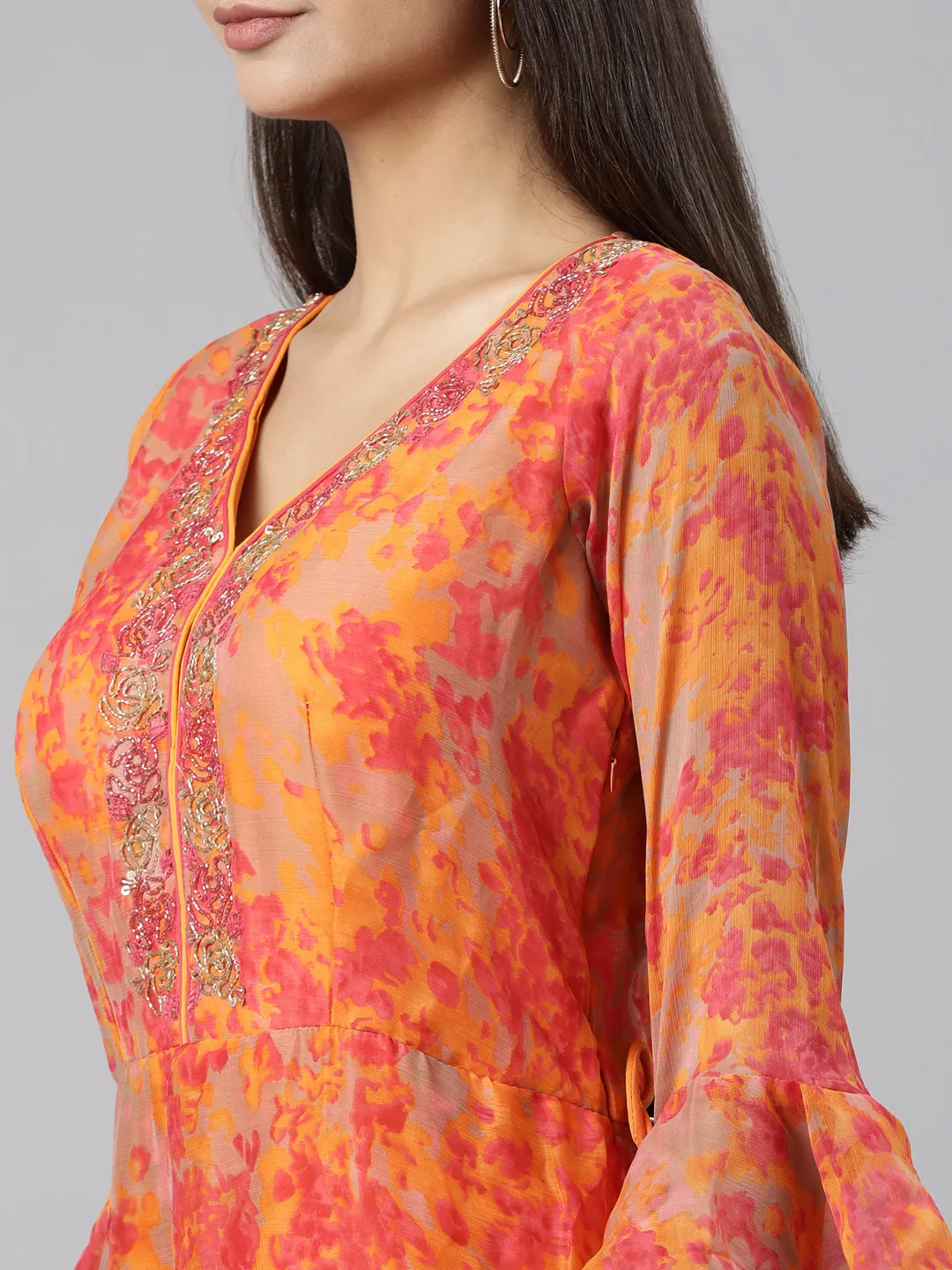 Neeru's Orange Straight Casual Floral Dresses