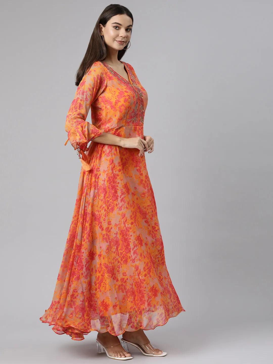 Neeru's Orange Straight Casual Floral Dresses