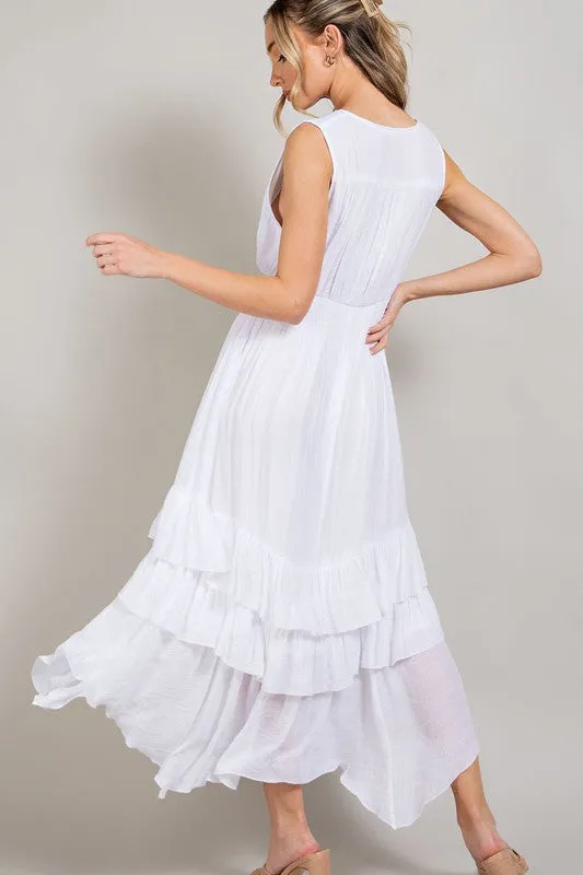 Off White V Neck Ruffle Maxi Dress