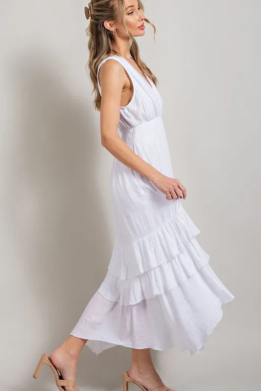 Off White V Neck Ruffle Maxi Dress