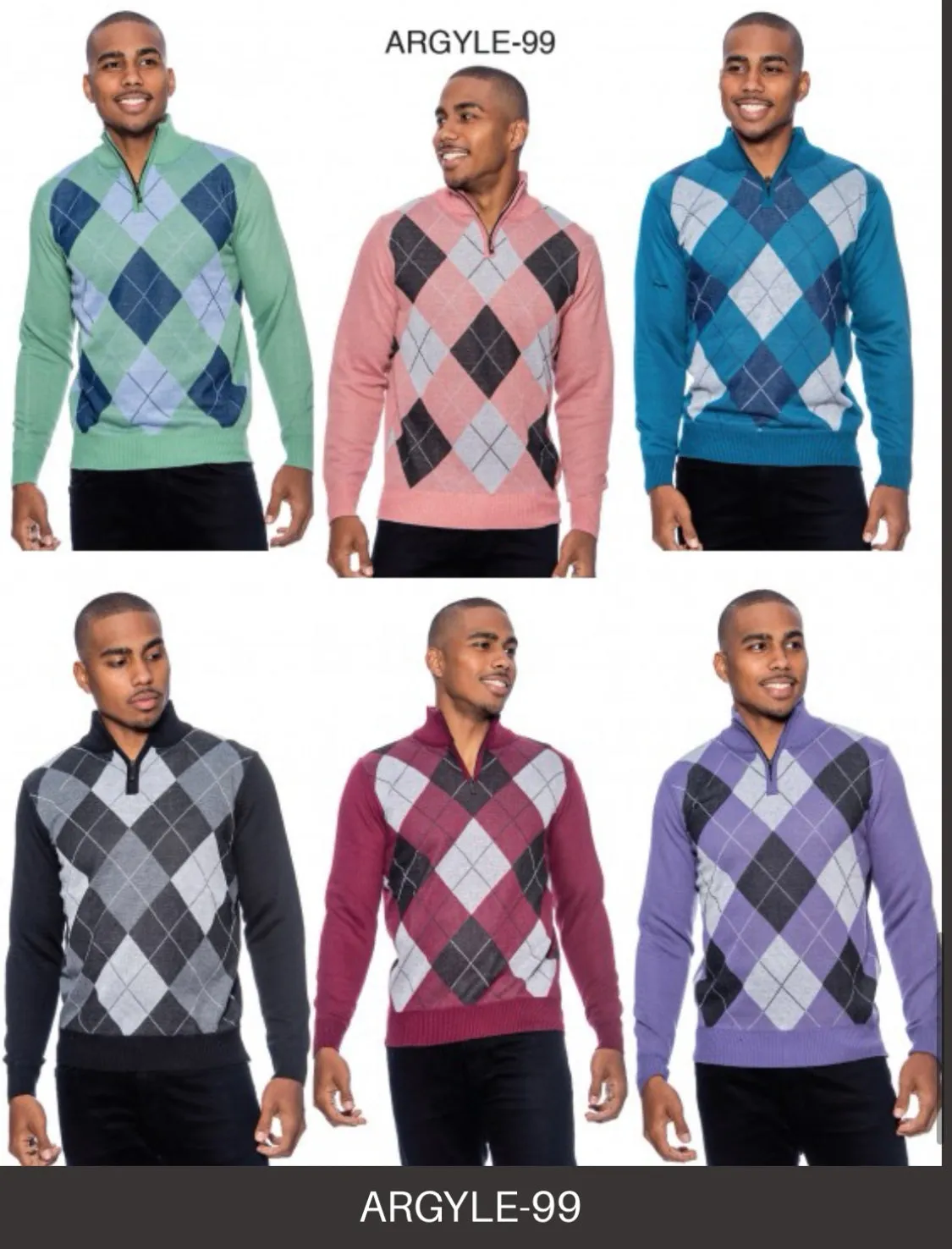 Pink Men's Crewneck Sweater Argyle Pattern Quarter Zip Up Long Sleeve Knit Pullover-99