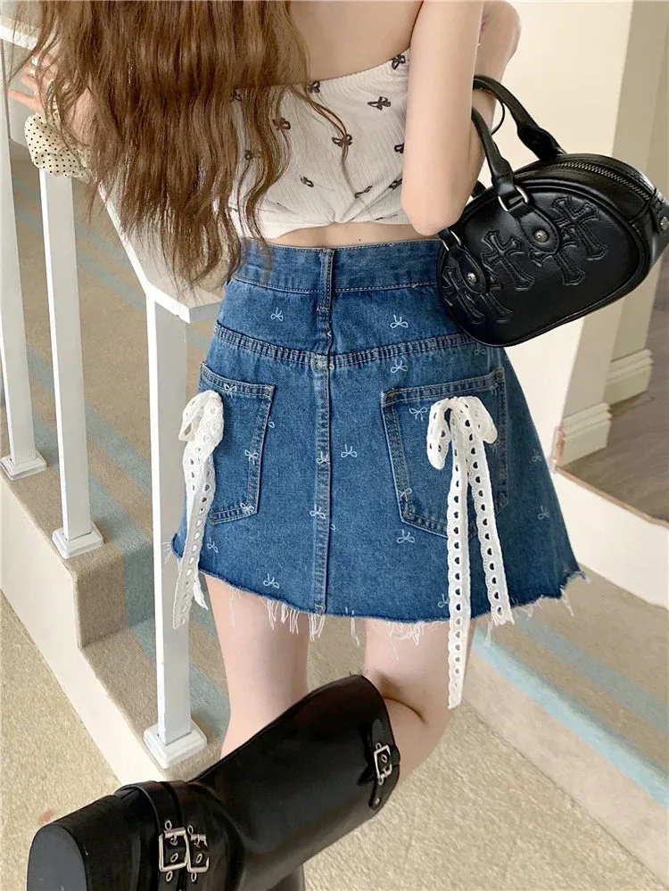 Print Bows Fashion Waist Vintage Y2K High Korean Denim Raw Hem Skirt