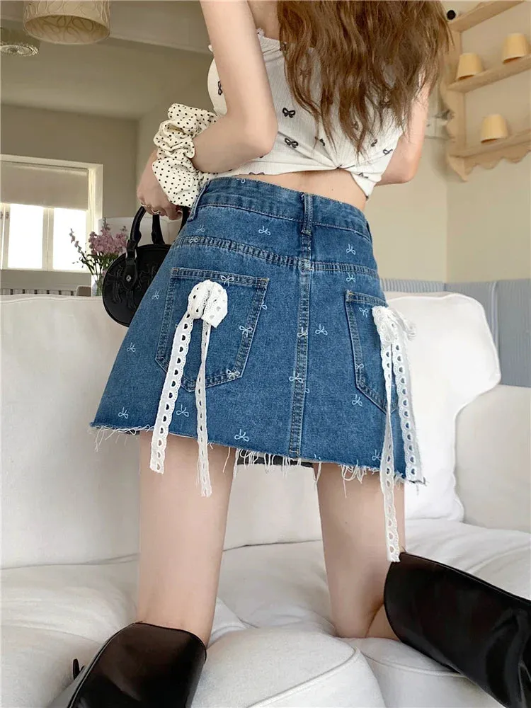 Print Bows Fashion Waist Vintage Y2K High Korean Denim Raw Hem Skirt