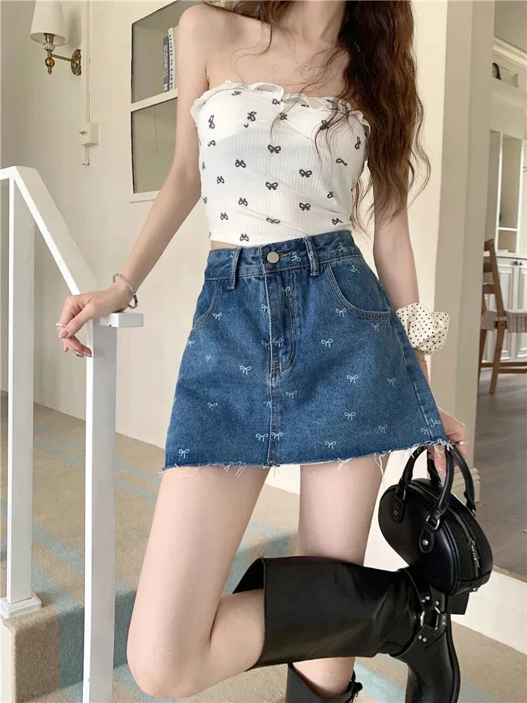 Print Bows Fashion Waist Vintage Y2K High Korean Denim Raw Hem Skirt