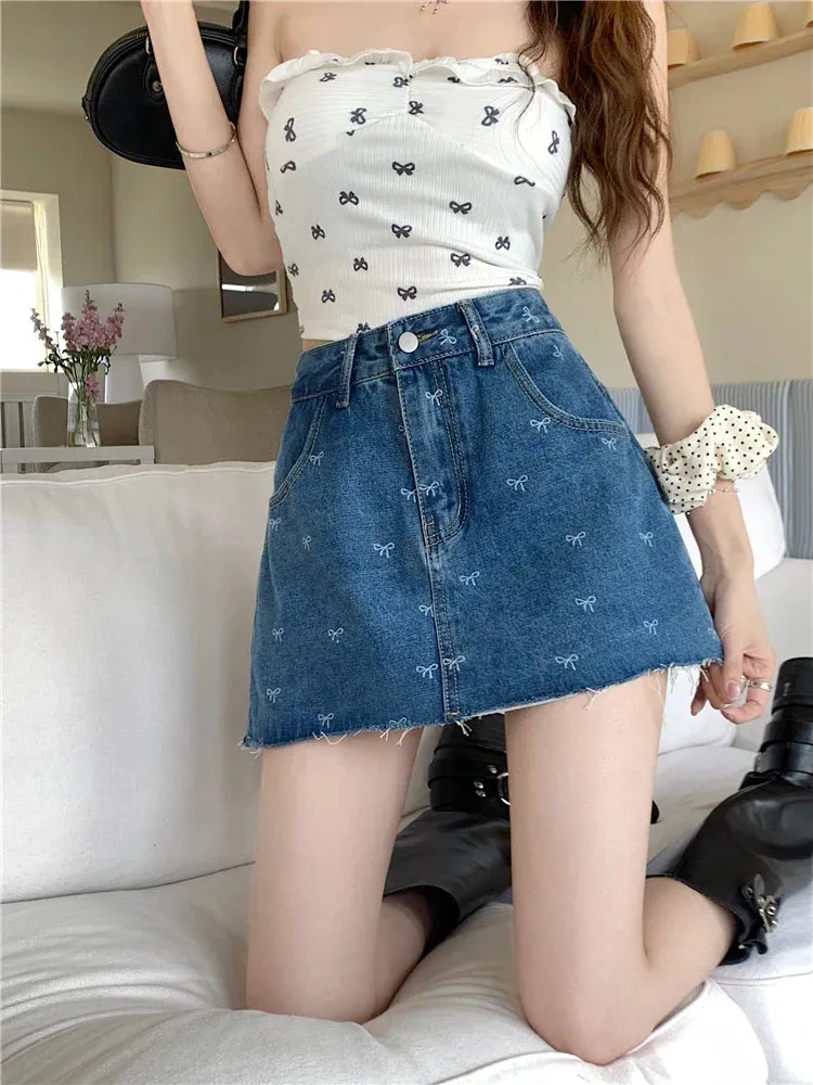 Print Bows Fashion Waist Vintage Y2K High Korean Denim Raw Hem Skirt