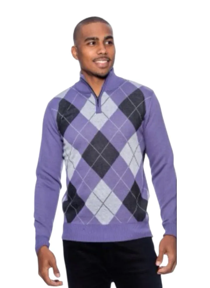 Purple Men's Crewneck Sweater Argyle Pattern Quarter Zip Up Long Sleeve Knit Pullover-99