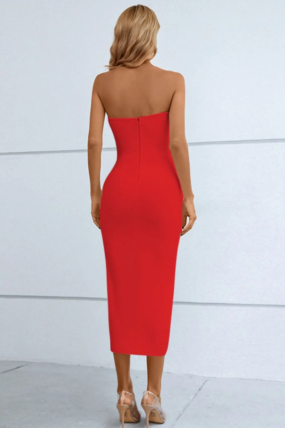 Red Cutout Strapless Drawstring Detail Split Bandage Dress