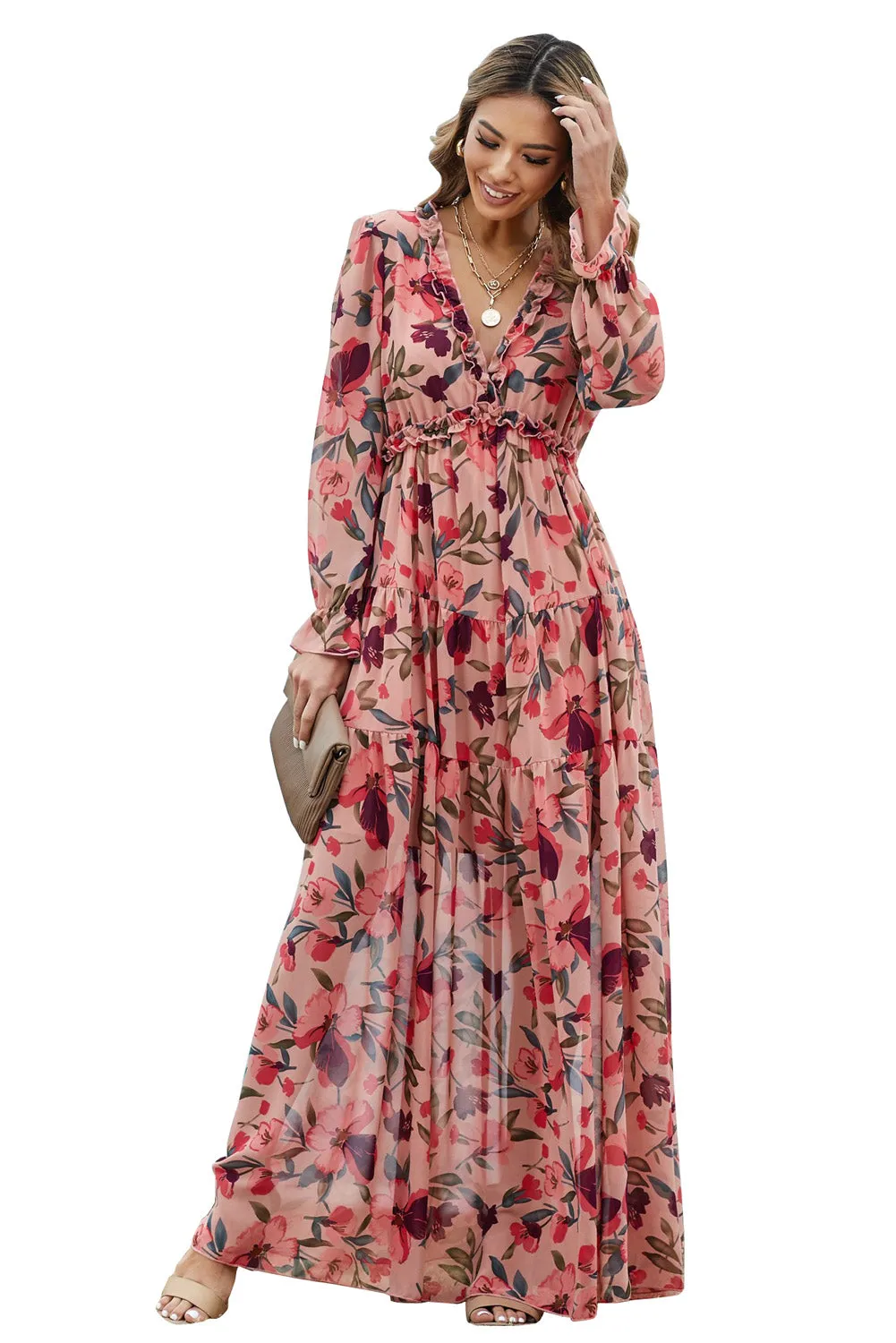 Red Floral Long Sleeve Maxi Dress