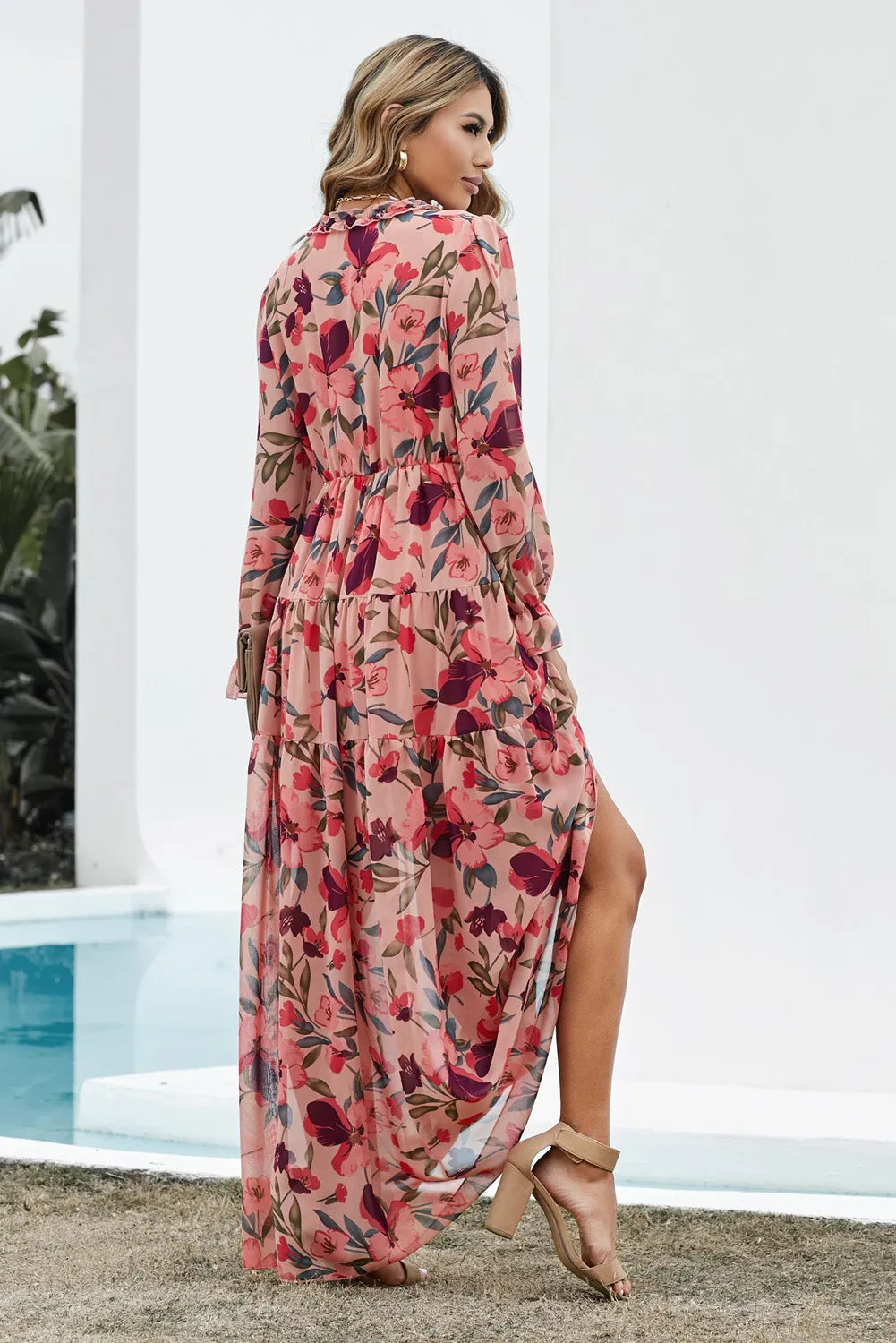 Red Floral Long Sleeve Maxi Dress