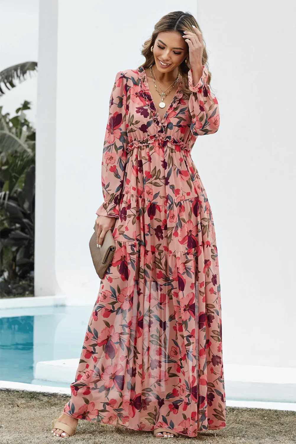 Red Floral Long Sleeve Maxi Dress