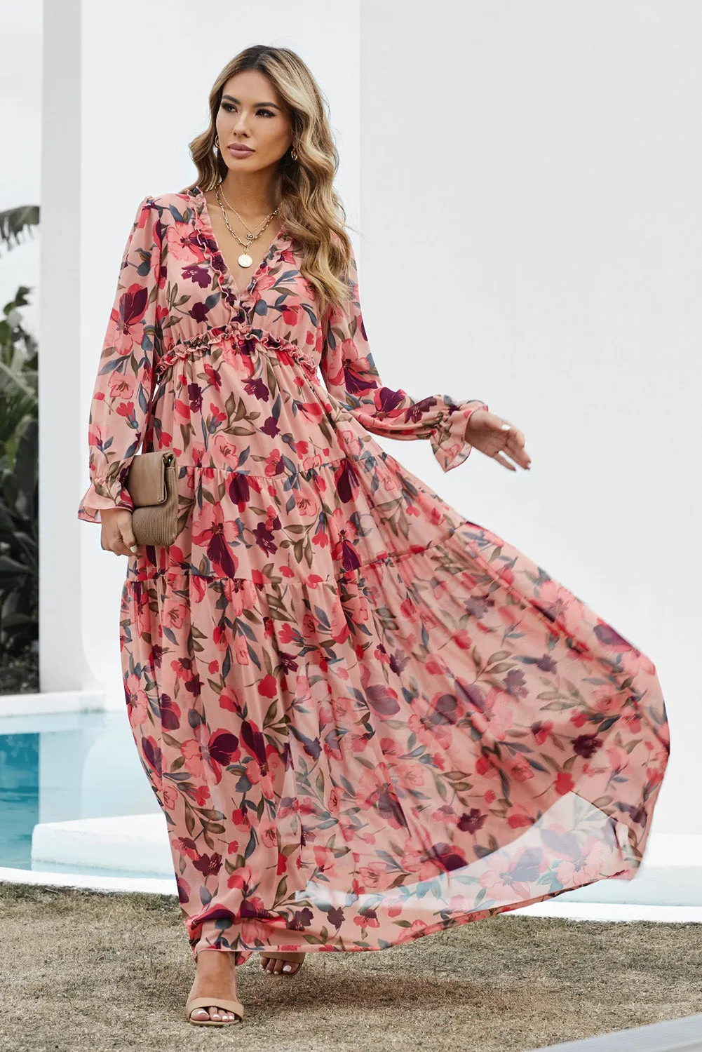 Red Floral Long Sleeve Maxi Dress