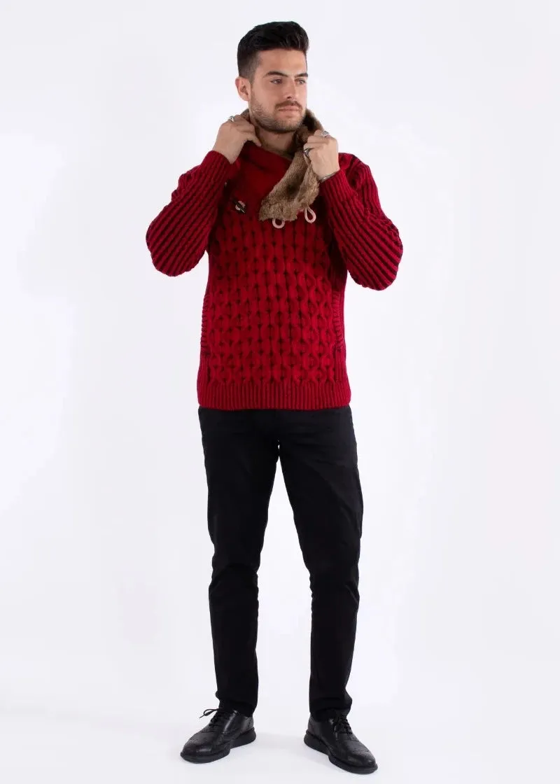 Red Pullover Men's Sweater Shawl Collar and Faux Leather Buttons