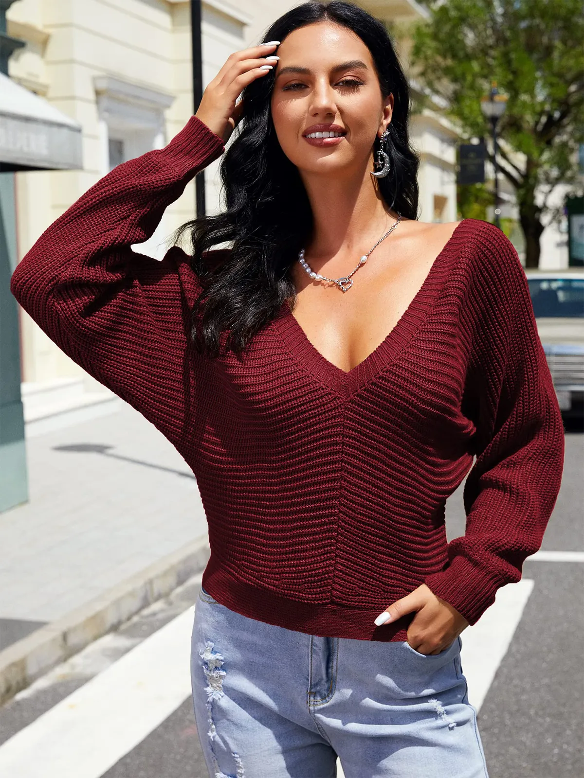 Ribbed Knit Sexy Drop Shoulder Sweater