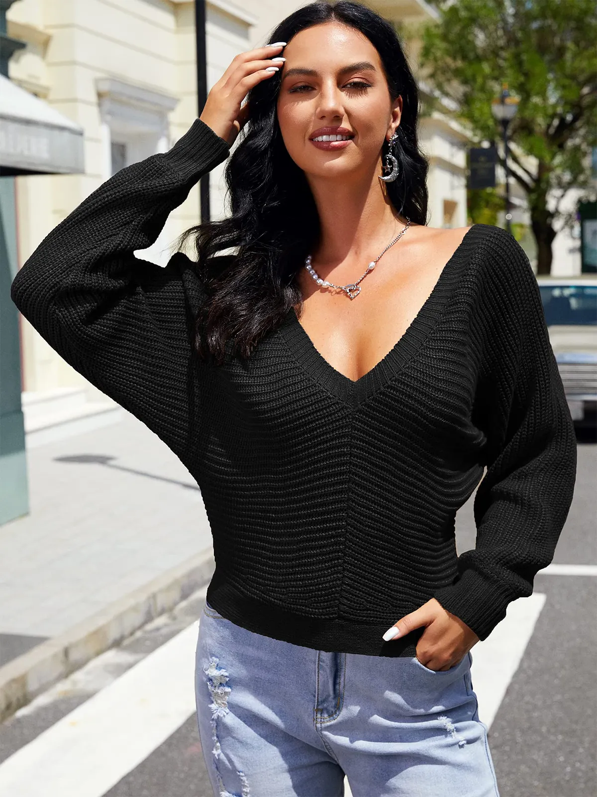 Ribbed Knit Sexy Drop Shoulder Sweater