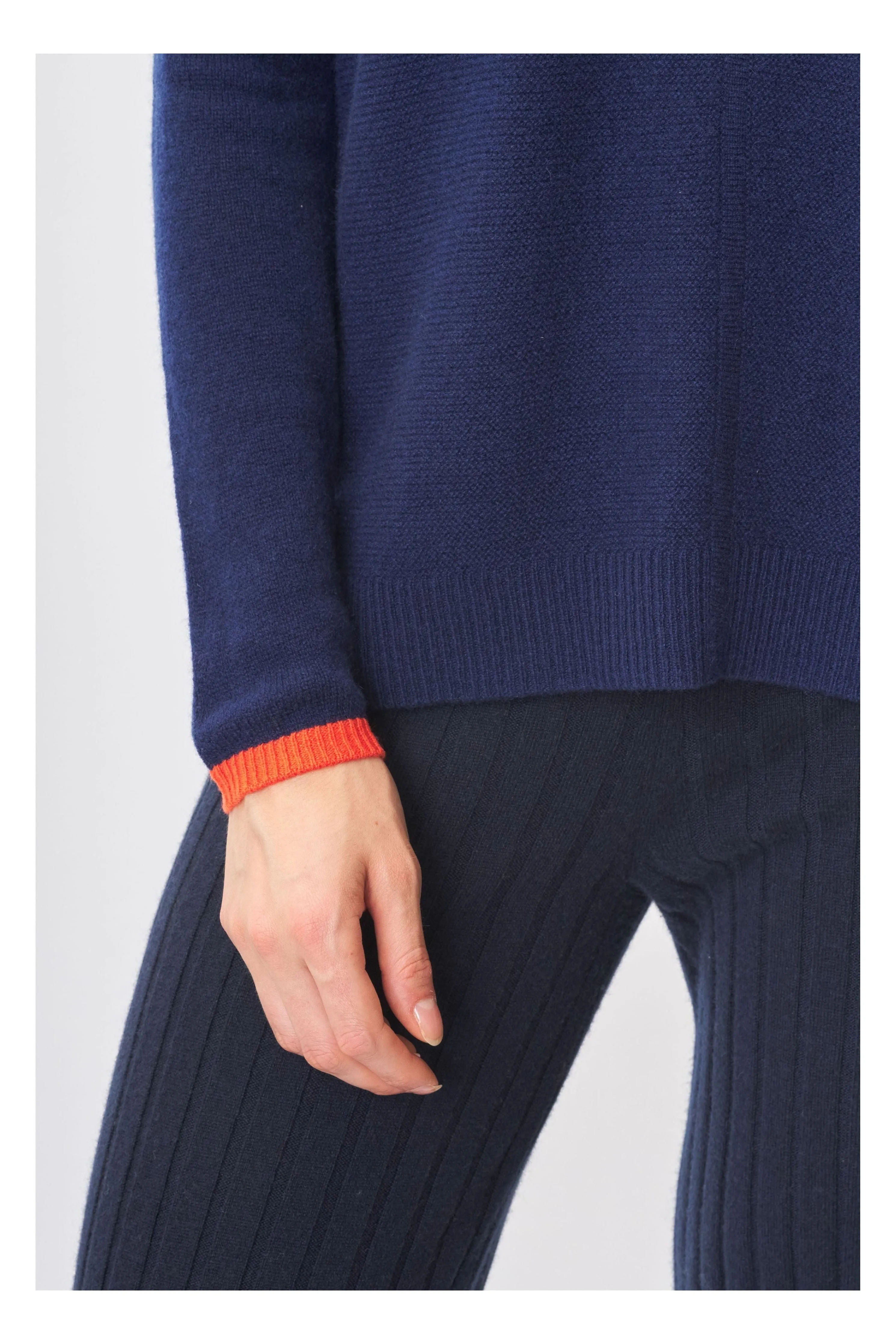 Robertson Madison 100% Cashmere Color Block Crewneck CC-221B | Navy/Orange