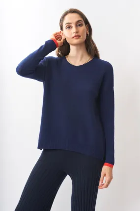 Robertson Madison 100% Cashmere Color Block Crewneck CC-221B | Navy/Orange