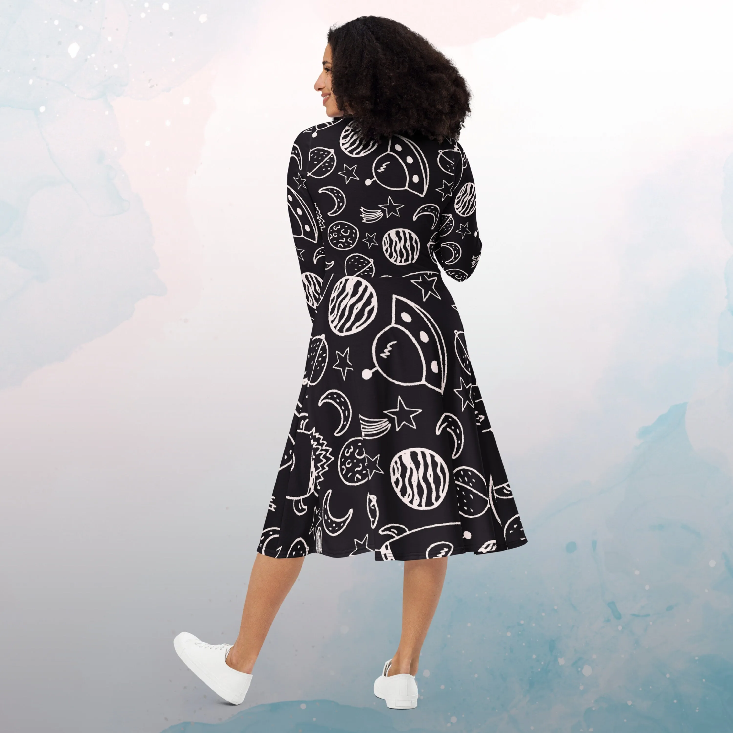 Rocket Ships and Planets Womens Long Sleeve Midi Dress with Pockets