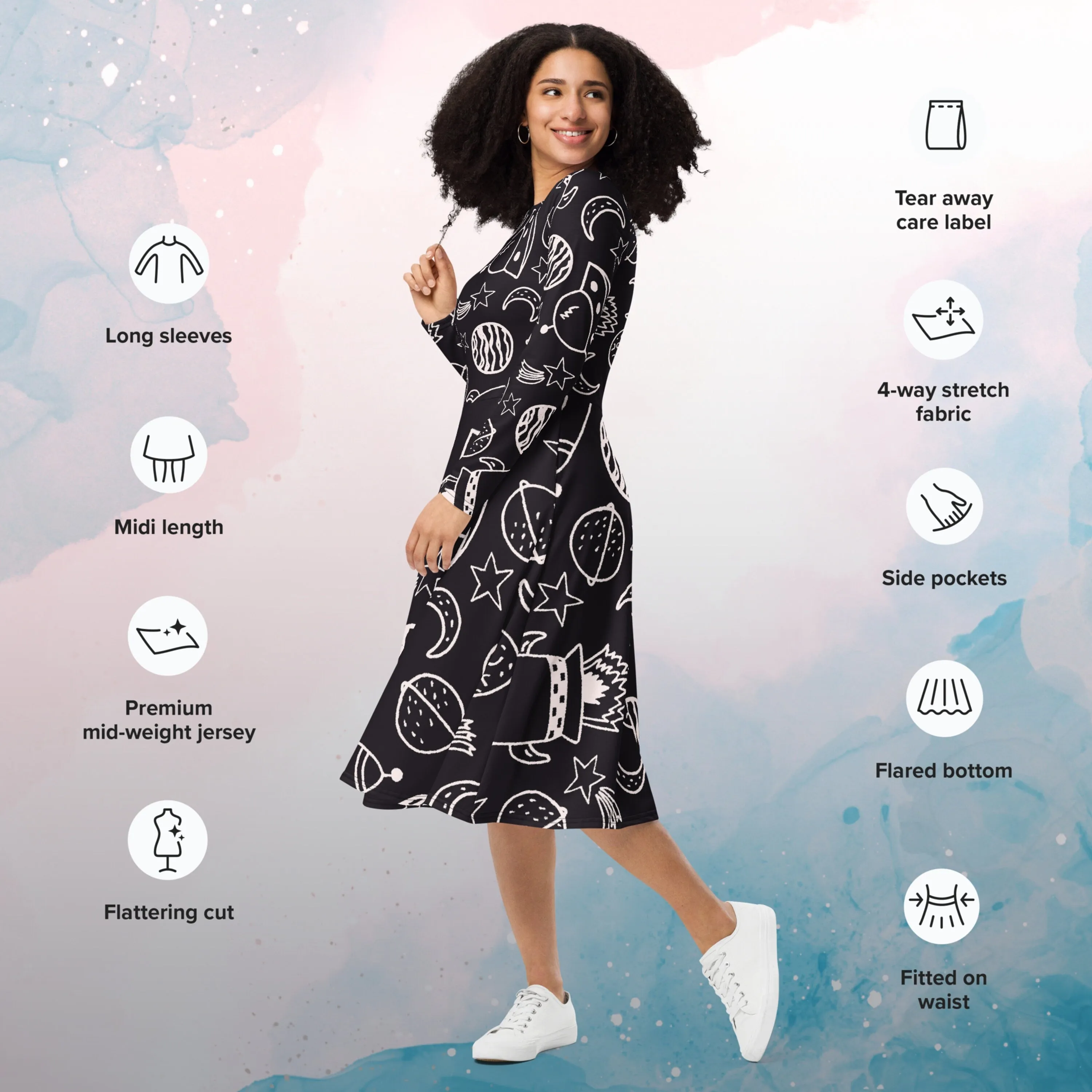 Rocket Ships and Planets Womens Long Sleeve Midi Dress with Pockets