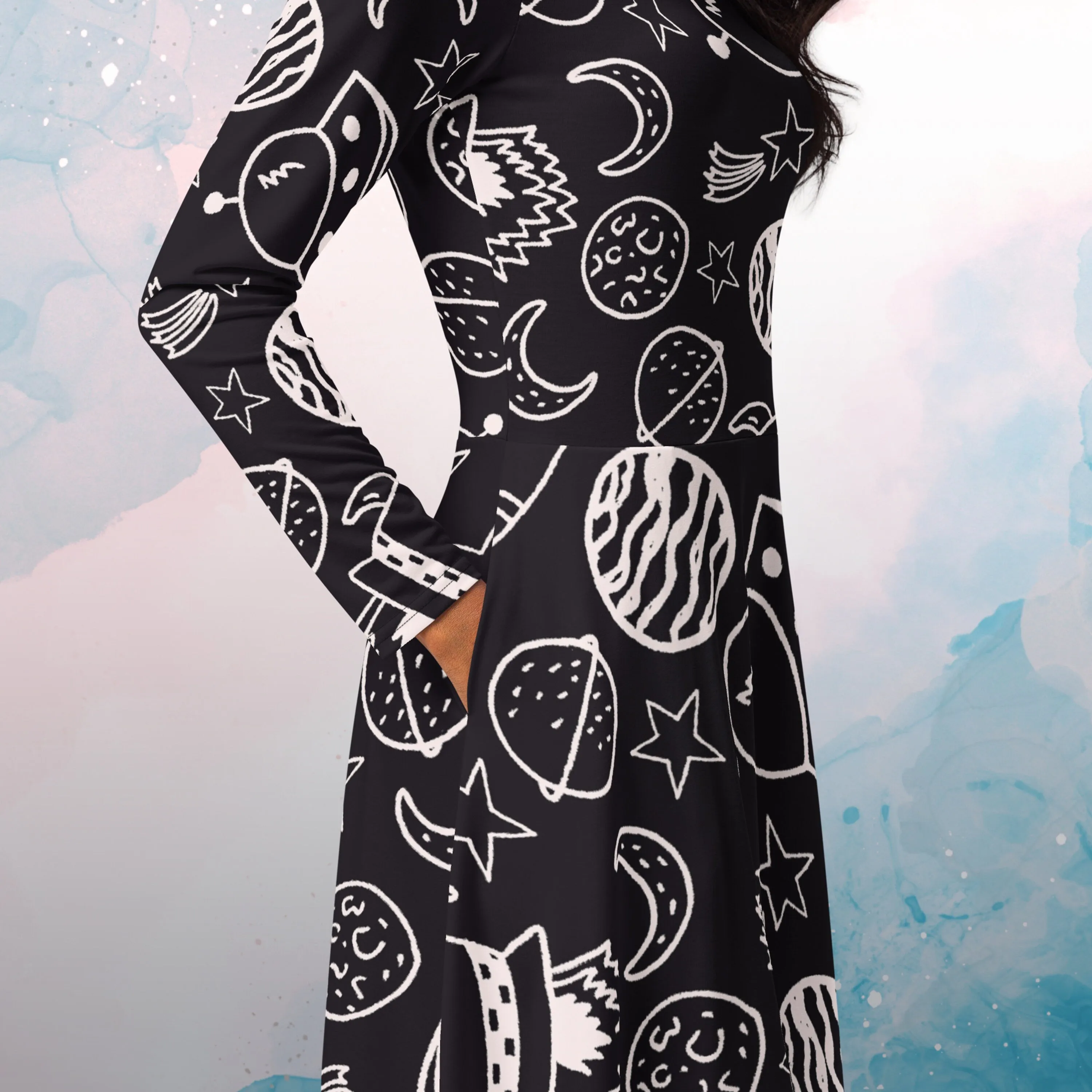 Rocket Ships and Planets Womens Long Sleeve Midi Dress with Pockets