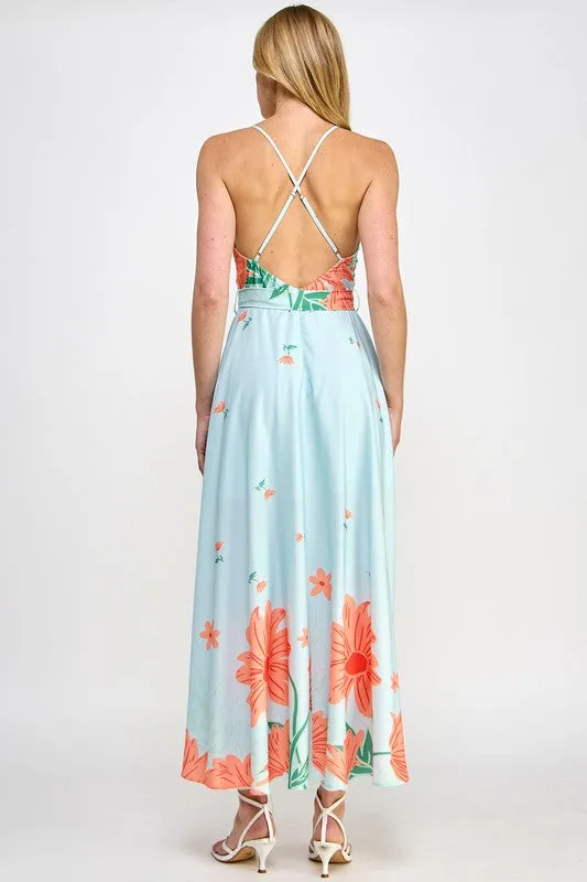 Sky Blue Floral Print Maxi Dress