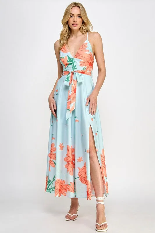 Sky Blue Floral Print Maxi Dress