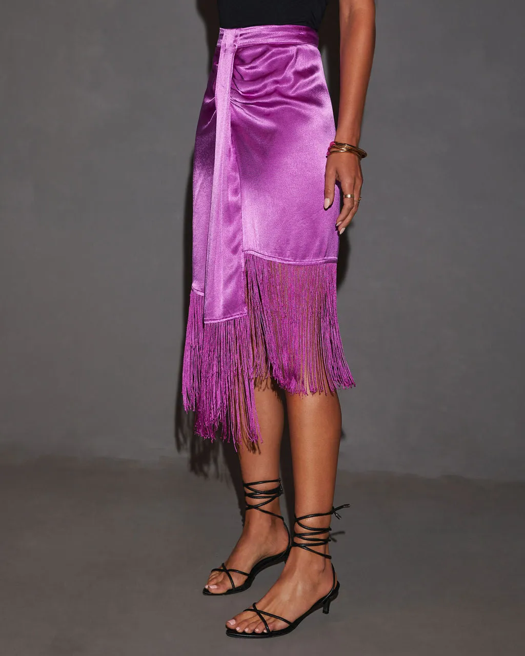 Soleni Satin Fringe Hem Midi Skirt