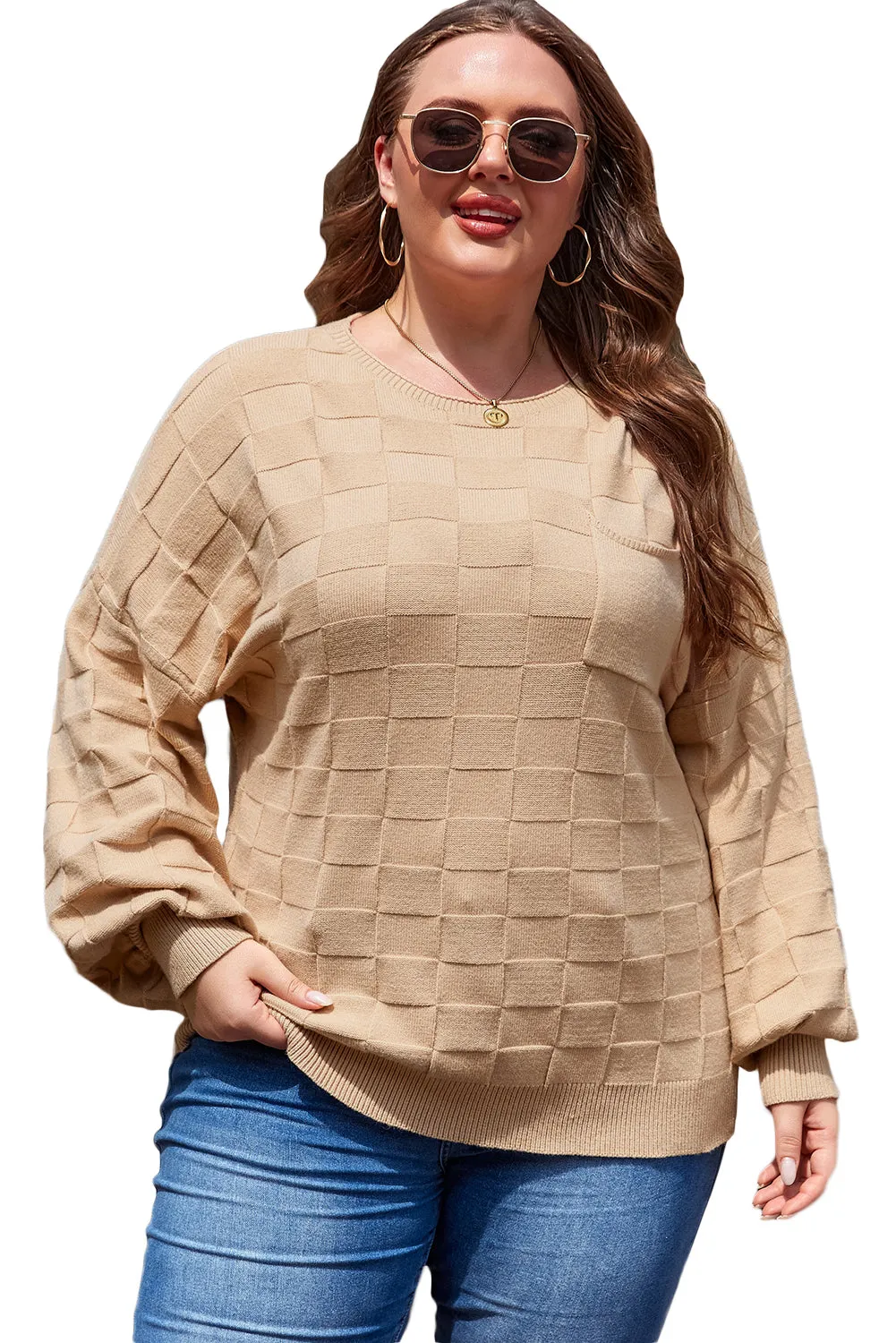 Solid Checkered Knit Plus Size Sweater