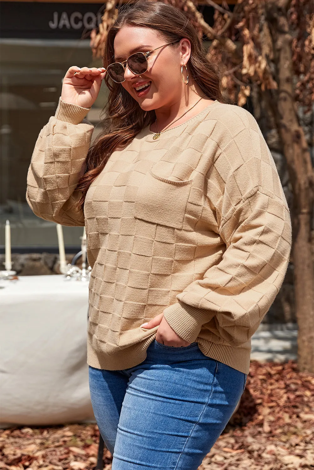 Solid Checkered Knit Plus Size Sweater