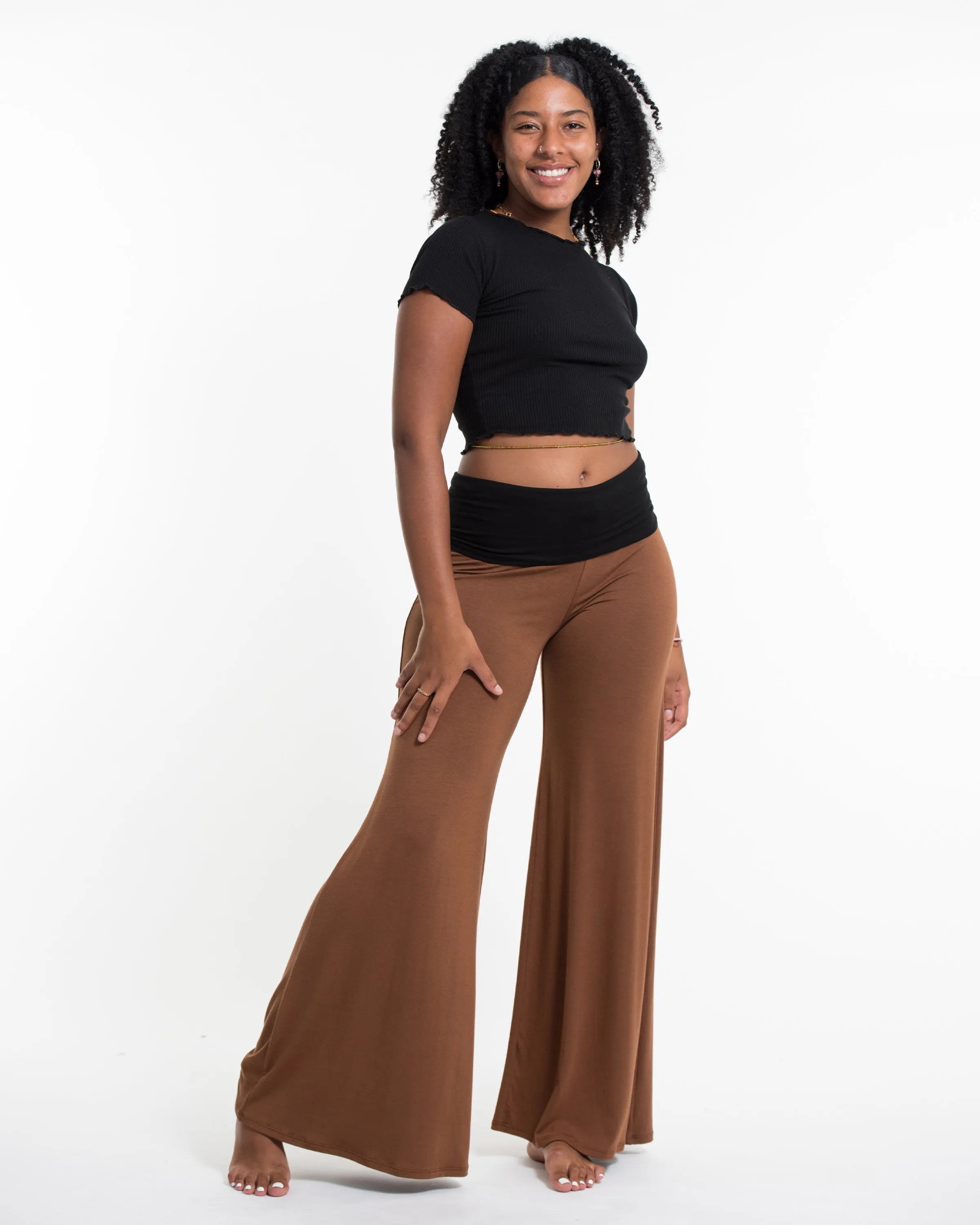 Solid Color Spandex Wide Leg Palazzo Pants in Brown