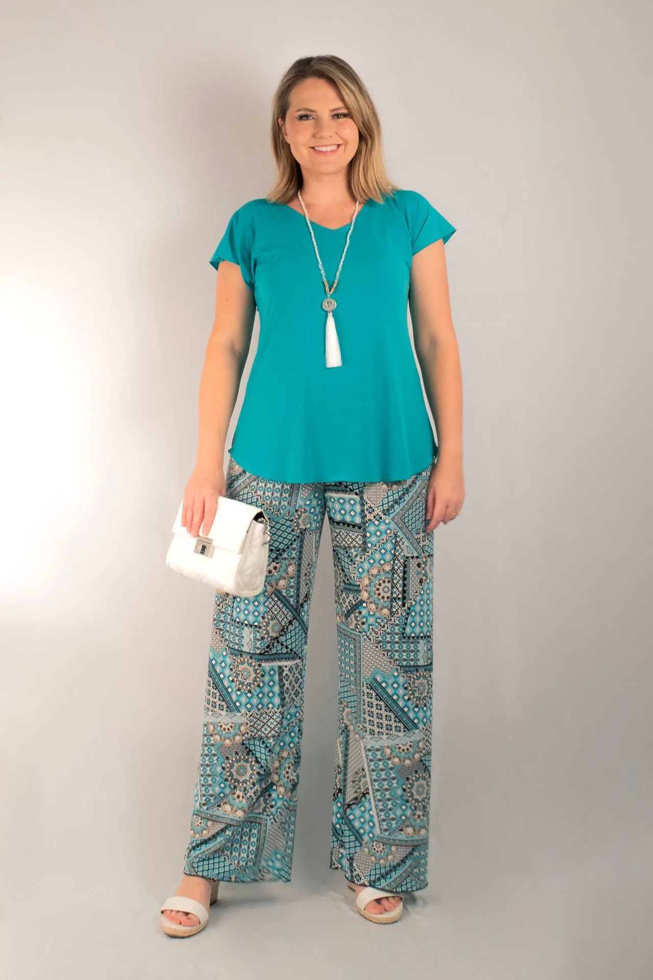 Spearmint Print Wide Leg Jersey Palazzo Pants