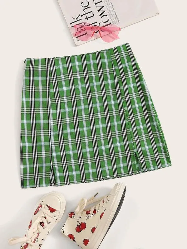 Split Hem Plaid Skirt