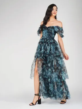 Sydney Tulle Maxi Dress in Blue Floral