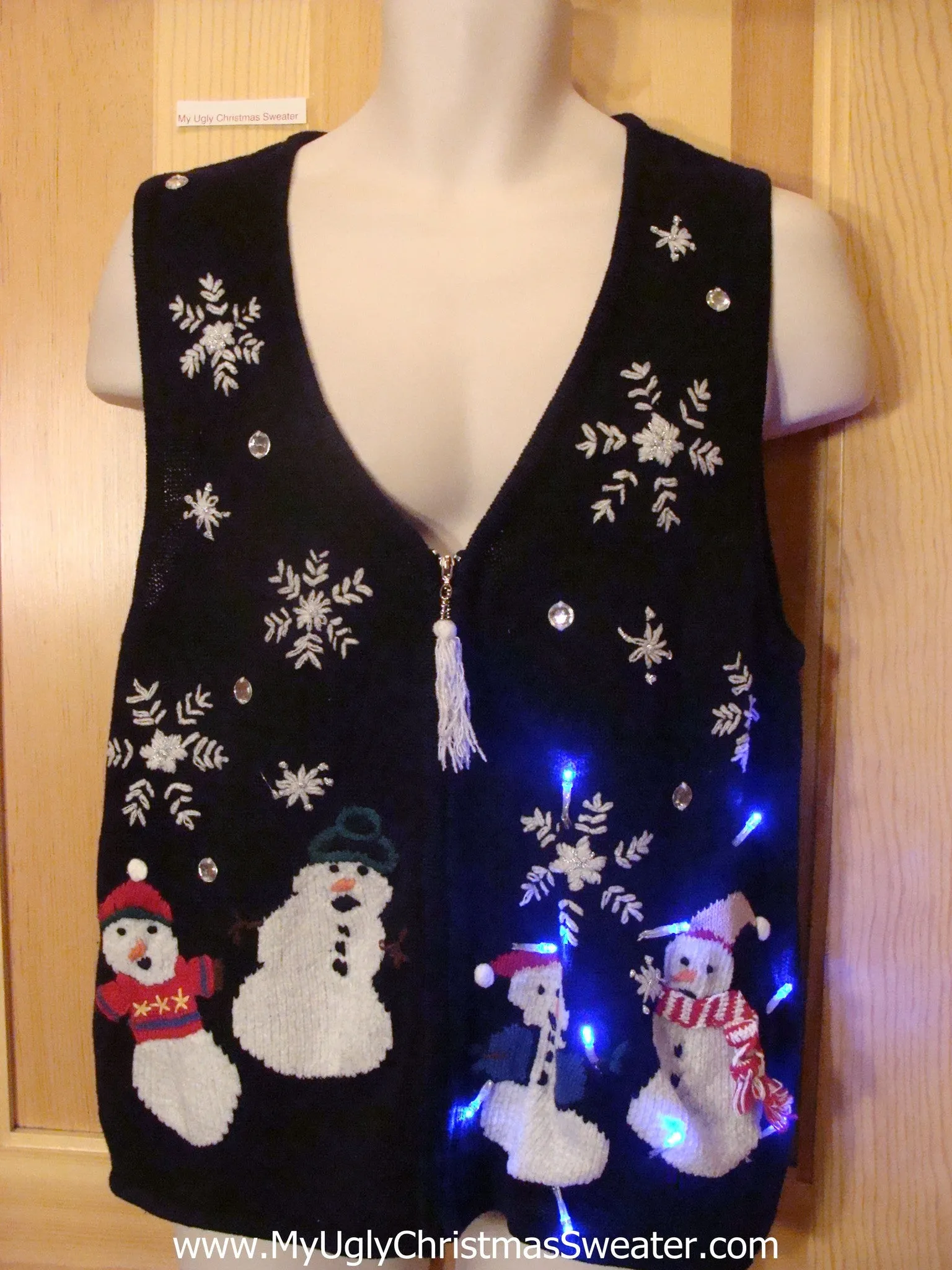 Tacky Light Up Christmas Sweater Vest Tassle Zip and Snowmen