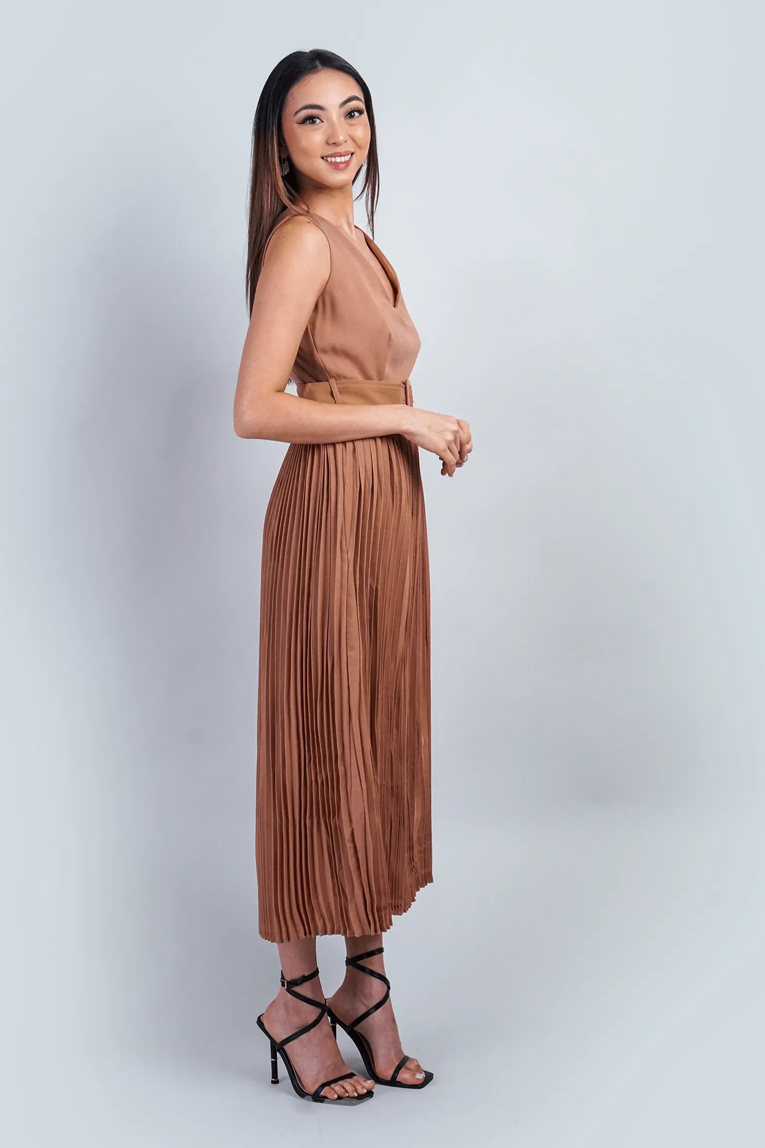 Tan Open Back Plunge Neck Belted Midi Dress