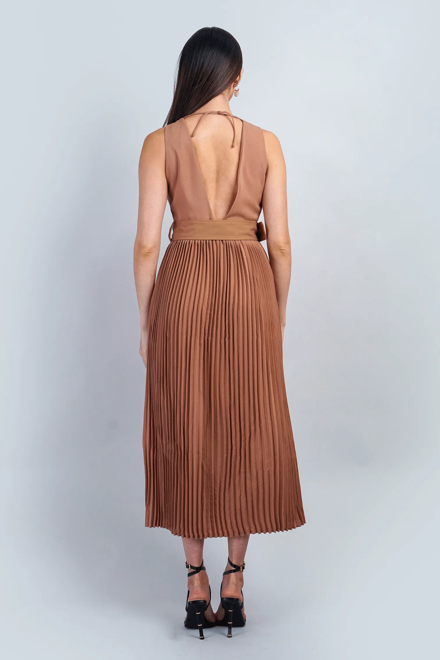 Tan Open Back Plunge Neck Belted Midi Dress