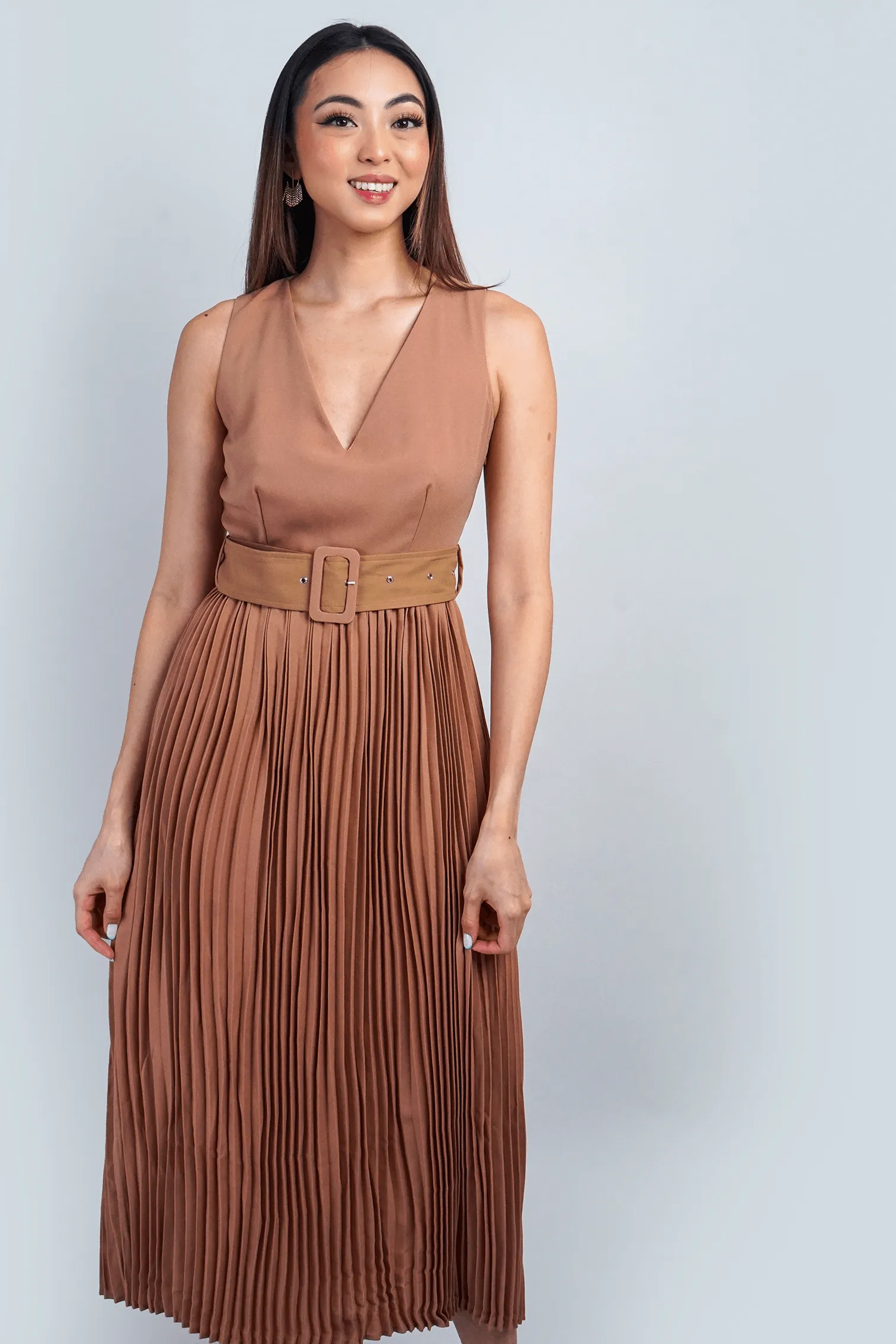 Tan Open Back Plunge Neck Belted Midi Dress