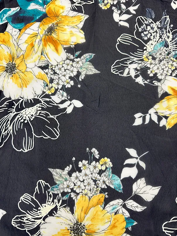 Teal and Yellow Flocked Floral Poly Chiffon Fabric