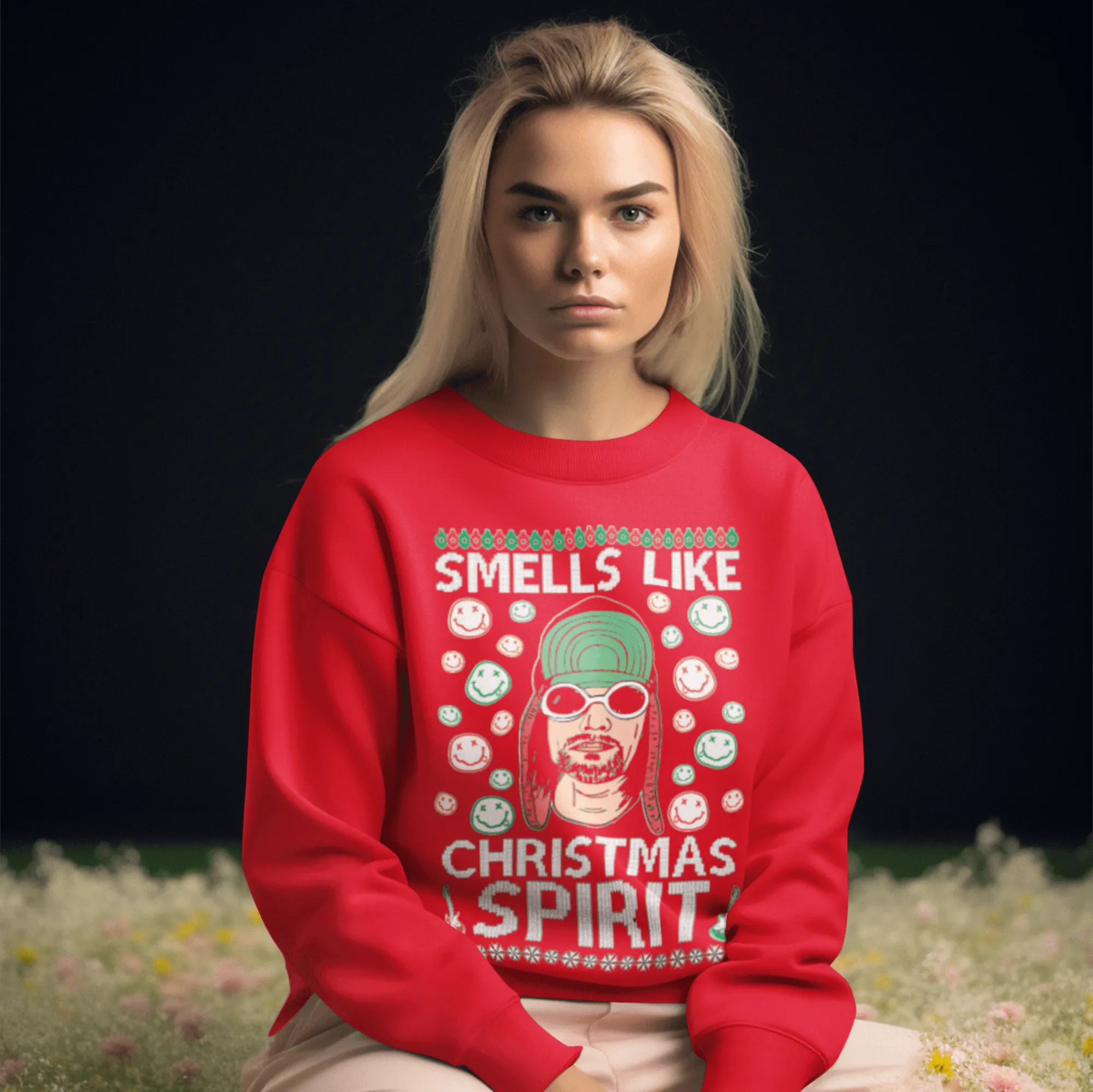 Ugly Christmas Crewneck Graphic Sweatshirt  80's Grunge Smells Like Christmas Spirit