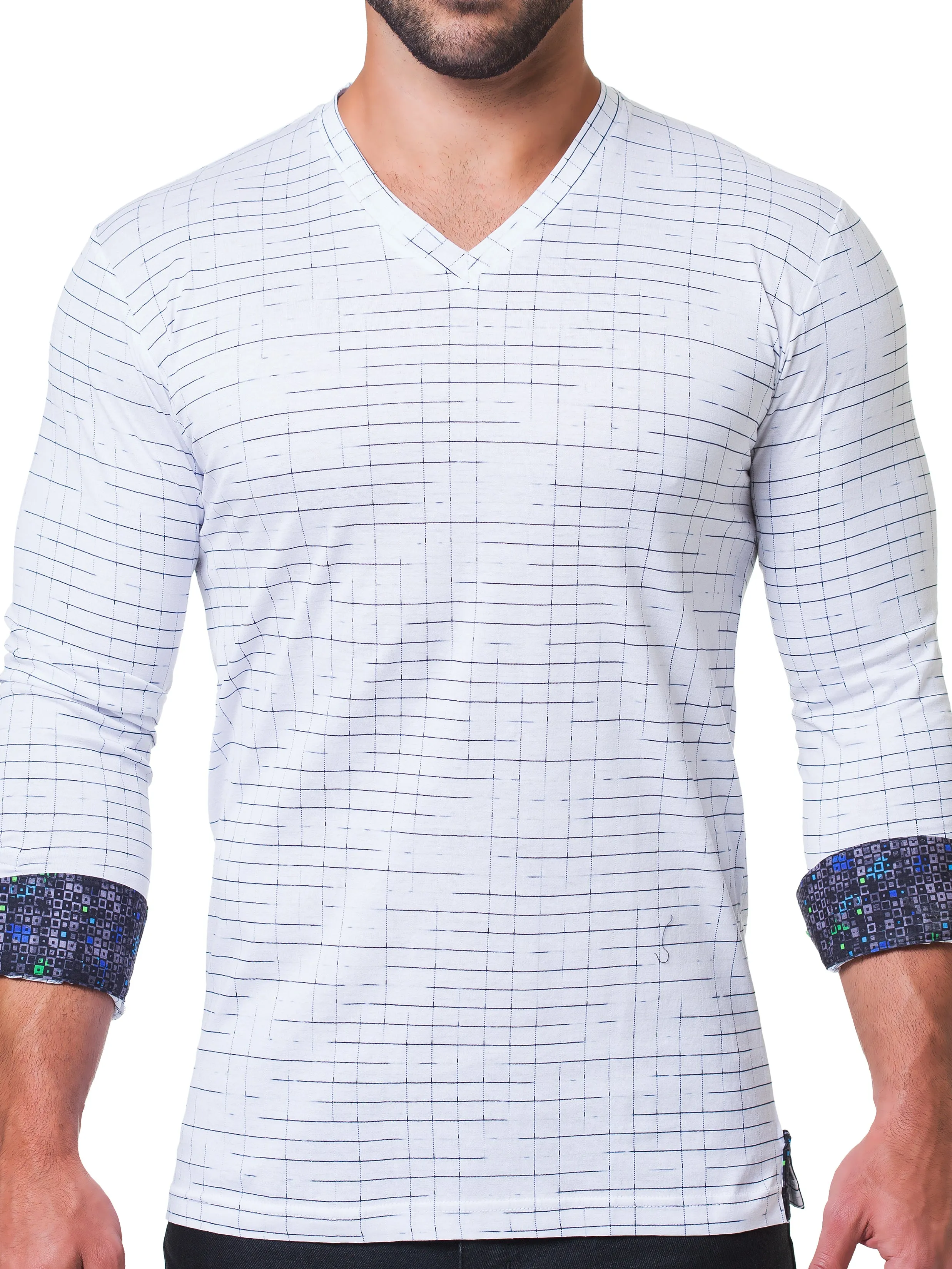 V Neck Edison Check White