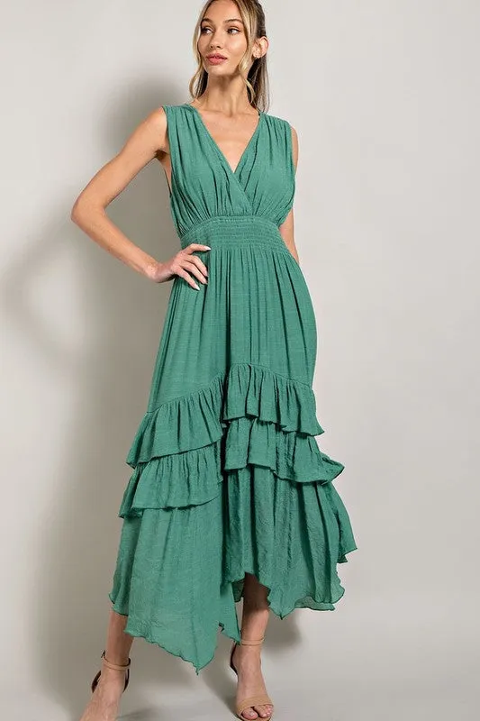 V NECK RUFFLE MAXI DRESS