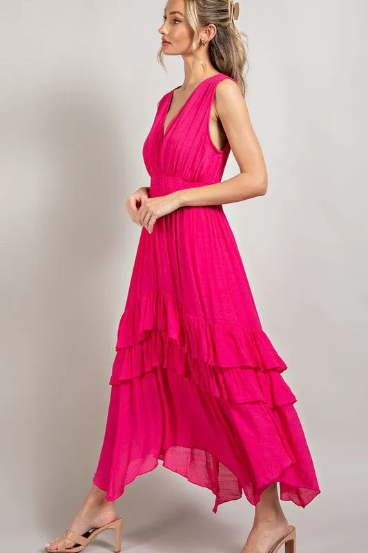 V NECK RUFFLE MAXI DRESS