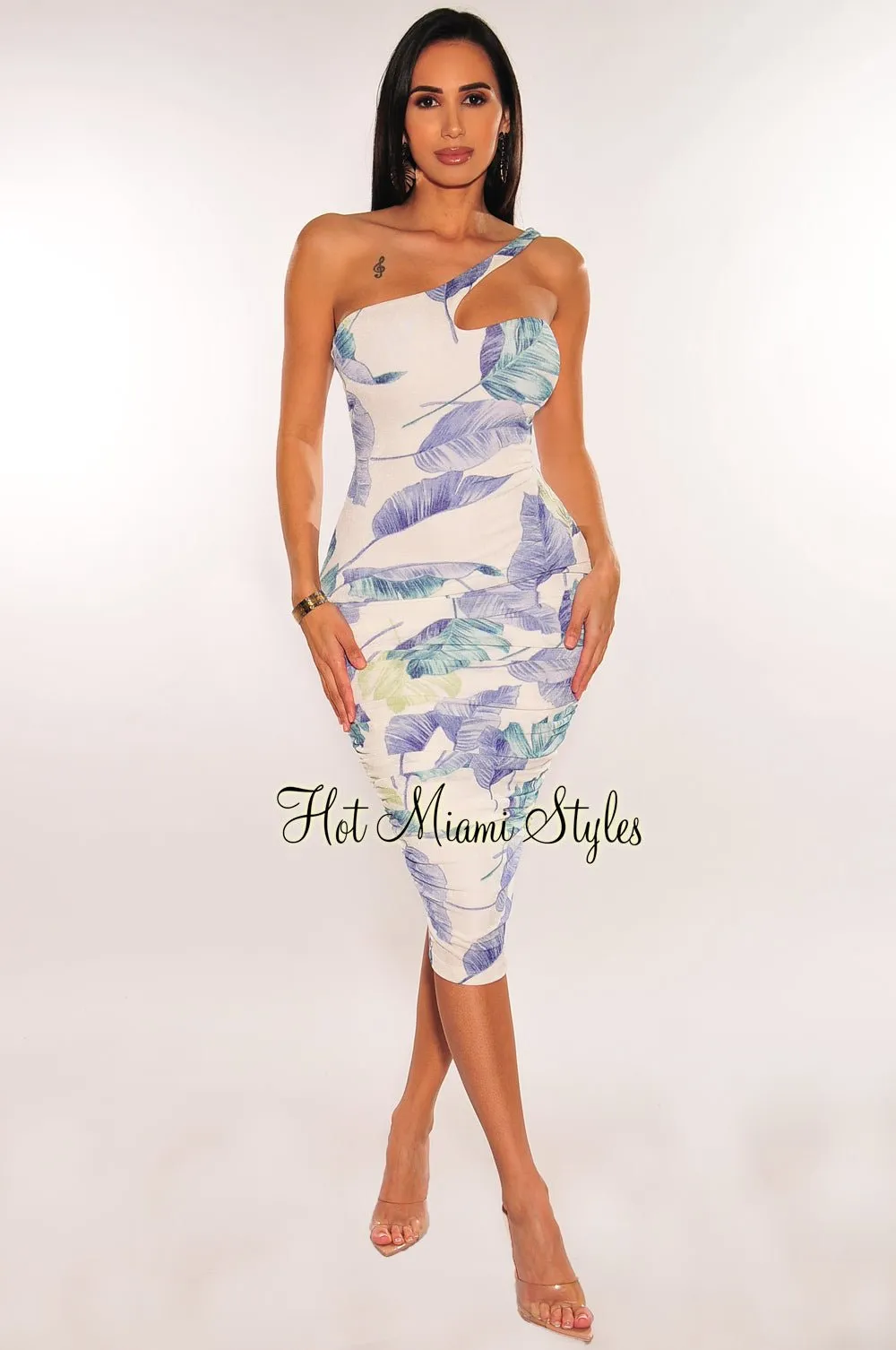 White Blue Green Floral Print One Shoulder Ruched Dress